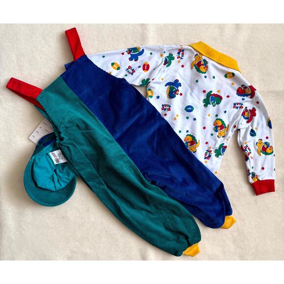 Vintage 90s MGM Kid's Fashion 3-Piece Overalls Set Boys 24M Corduroy Dino Print - Picture 3 of 10